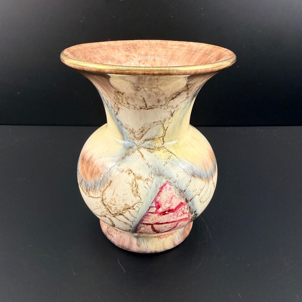 West German Art Pottery Marble Glaze Vase Gold Trim 5" MCM WGP